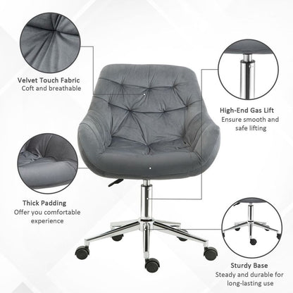 Elegant Velvet Home Office Chair: Adjustable Comfort in Dark Grey