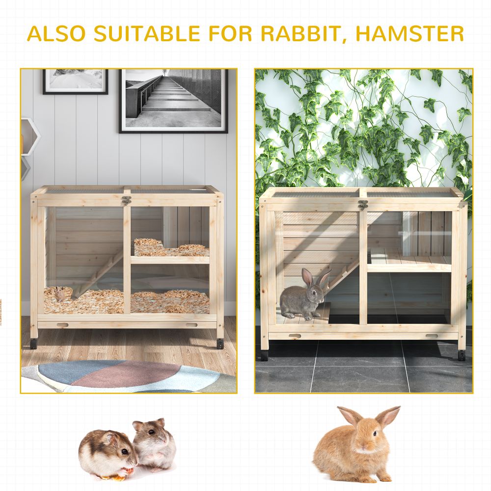 Natural Indoor Rabbit & Guinea Pig Hutch with Openable Roof and Wheels