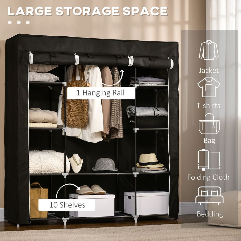 Portable Fabric Wardrobe with 10 Shelves & Hanging Rail - Stylish Storage Solution