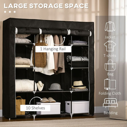 Portable Fabric Wardrobe with 10 Shelves & Hanging Rail - Stylish Storage Solution