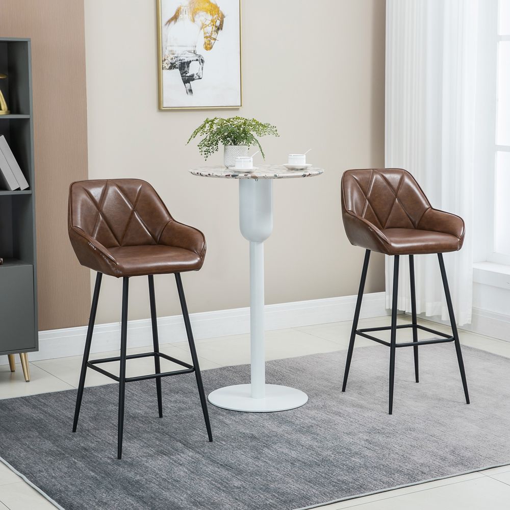 Retro Chic Bar Stools - Set of 2 Stylish Faux Leather Chairs with Steel Frames