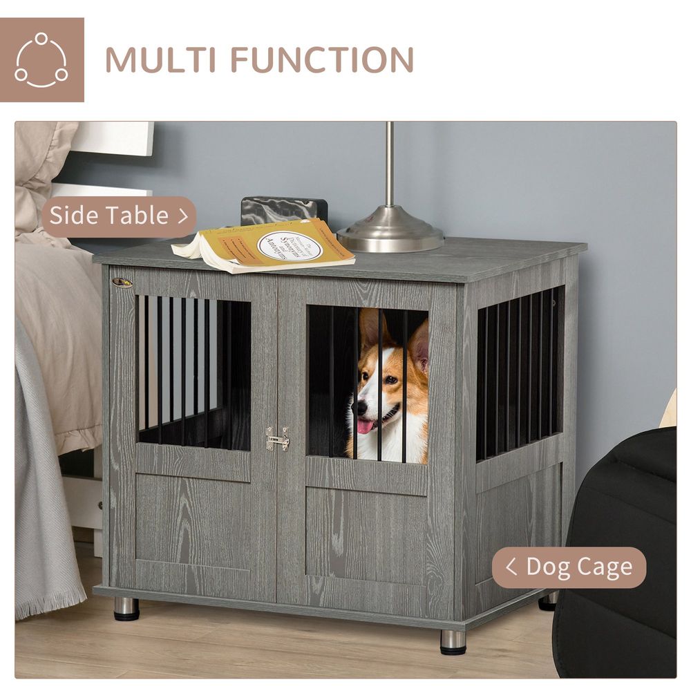Chic Wooden & Wire Medium Dog Cage: Stylish Kennel with Magnetic Door & Storage