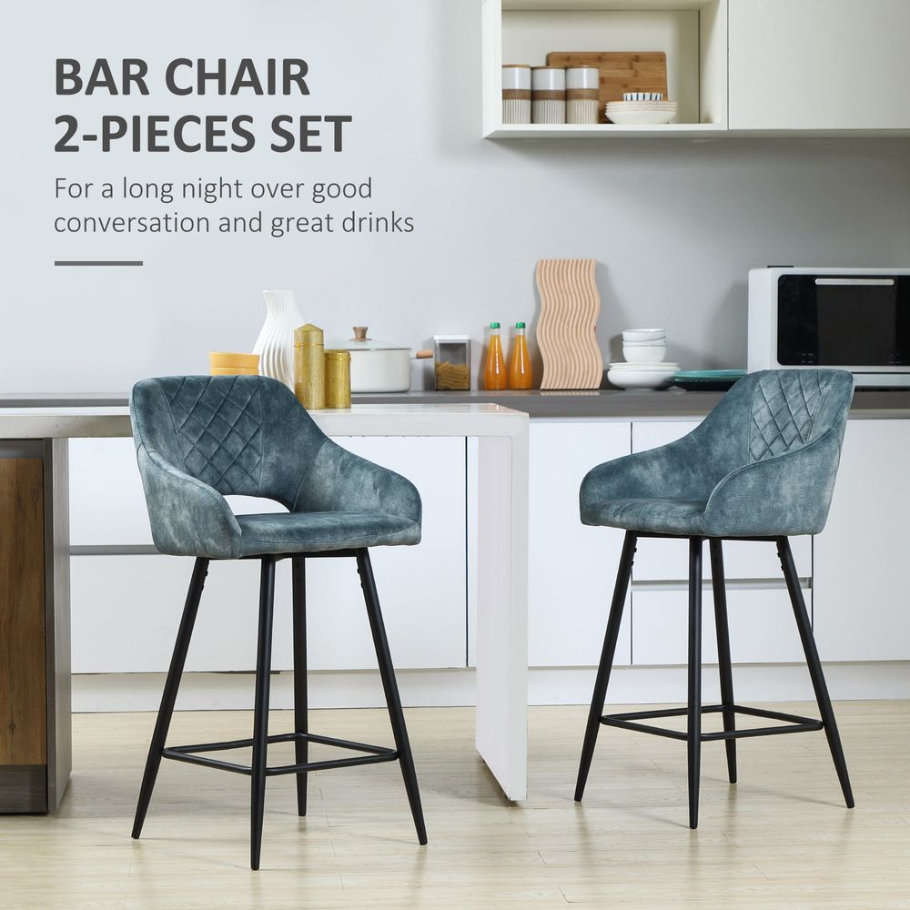 Elegant Velvet Bar Stools Set of 2 - Comfortable Height Chairs in Blue