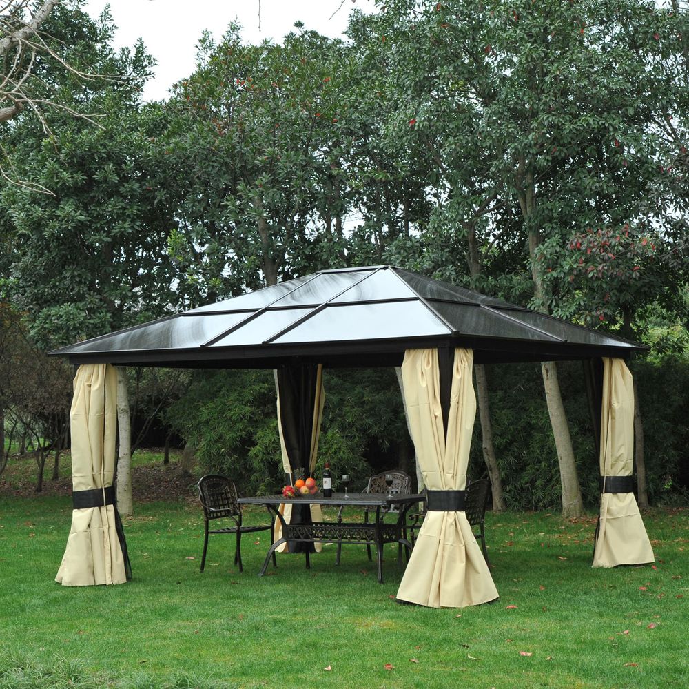 Outsunny Deluxe 4.3x3.6m Hardtop Gazebo with Curtains & Insect Screens