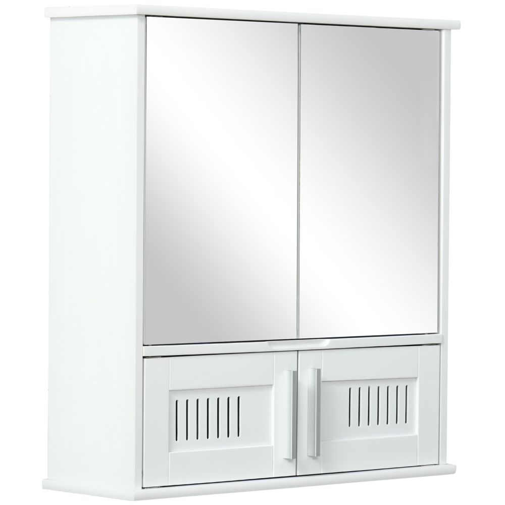 White Wall-Mounted Bathroom Mirror Cabinet with Double Doors & Storage