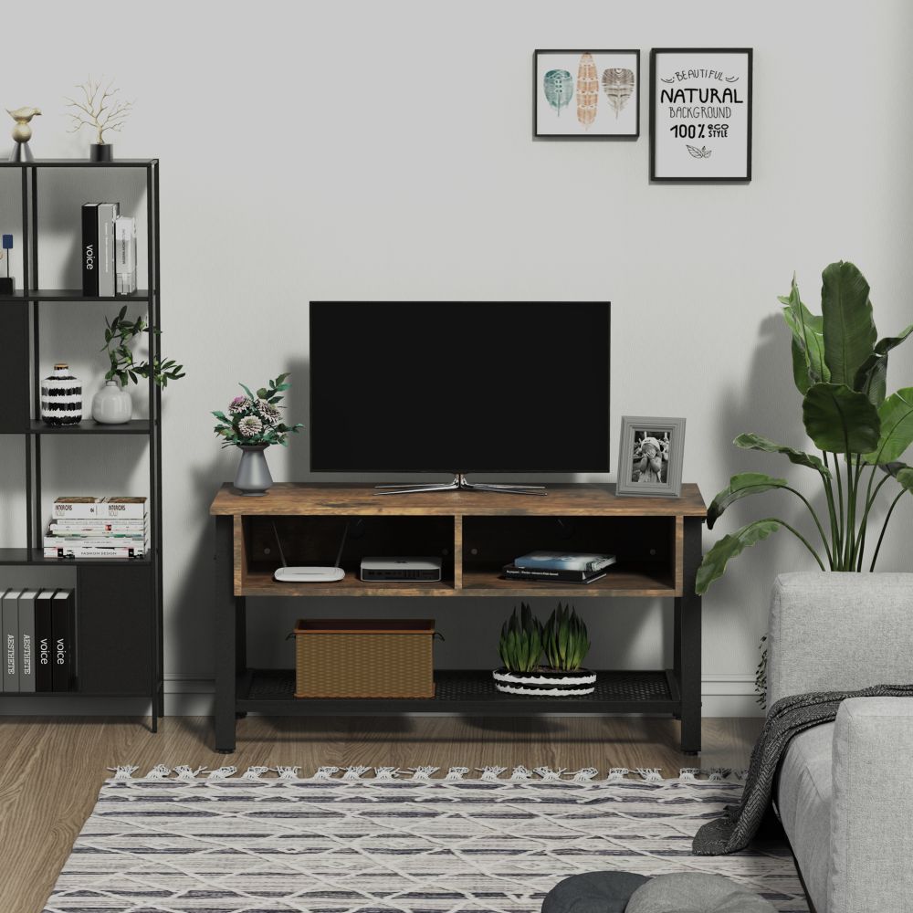 Industrial Chic 3-Tier Rubber Wood TV Media Unit - Black & Brown Elegance
