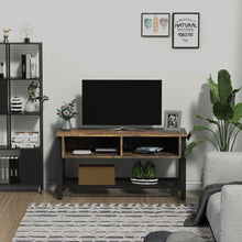 Load image into Gallery viewer, Industrial Chic 3-Tier Rubber Wood TV Media Unit - Black &amp; Brown Elegance
