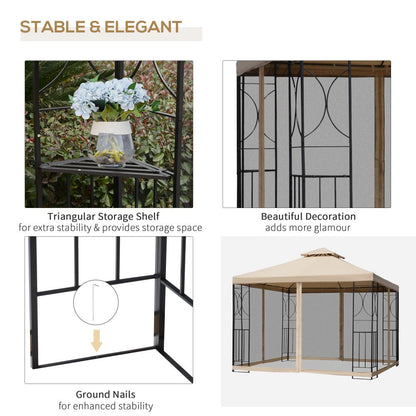 Outsunny 3x3m Elegant Outdoor Gazebo Tent with Insect Netting & Storage Trays