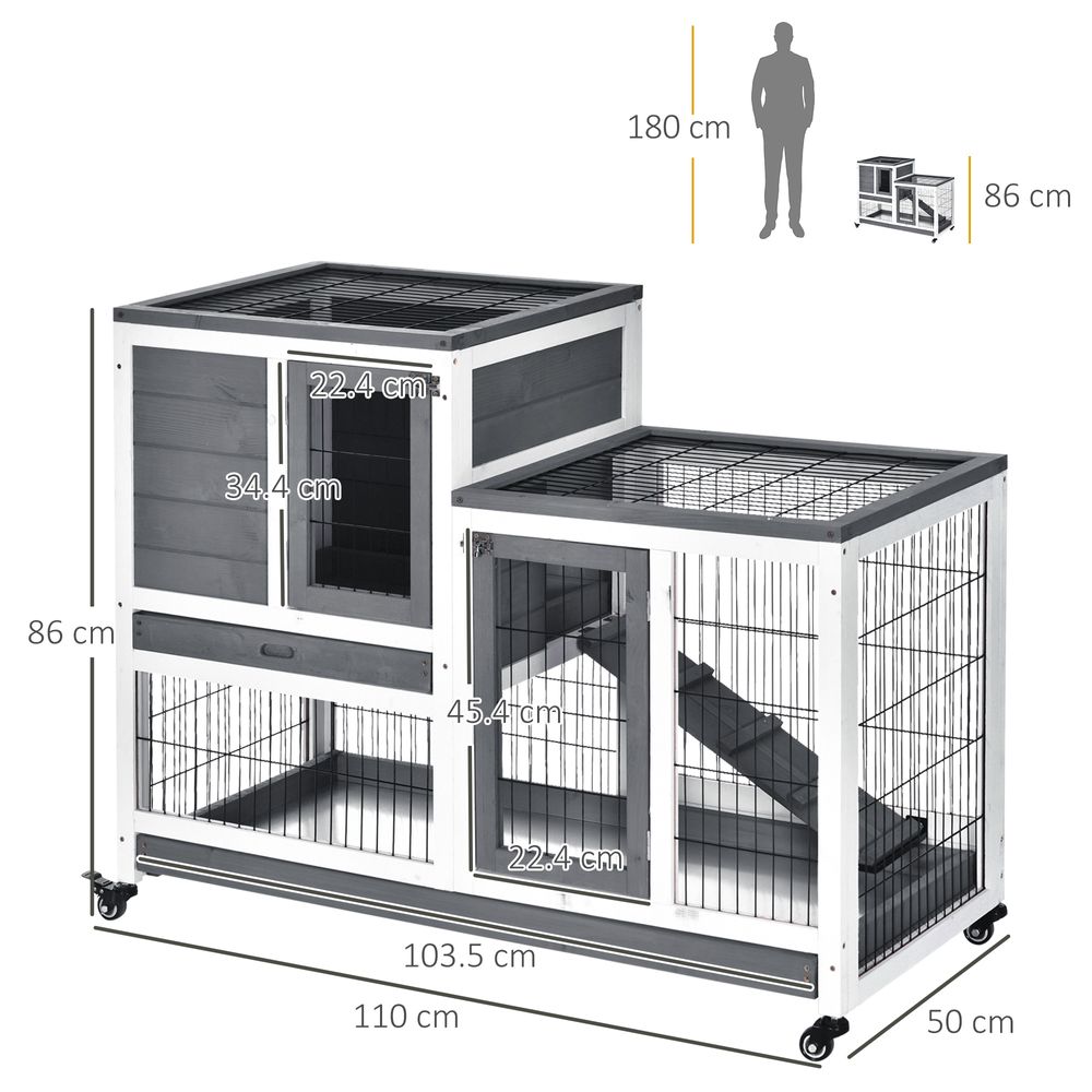 Cozy 2-Level Wooden Rabbit Hutch & Guinea Pig House with Wheels - 110cm