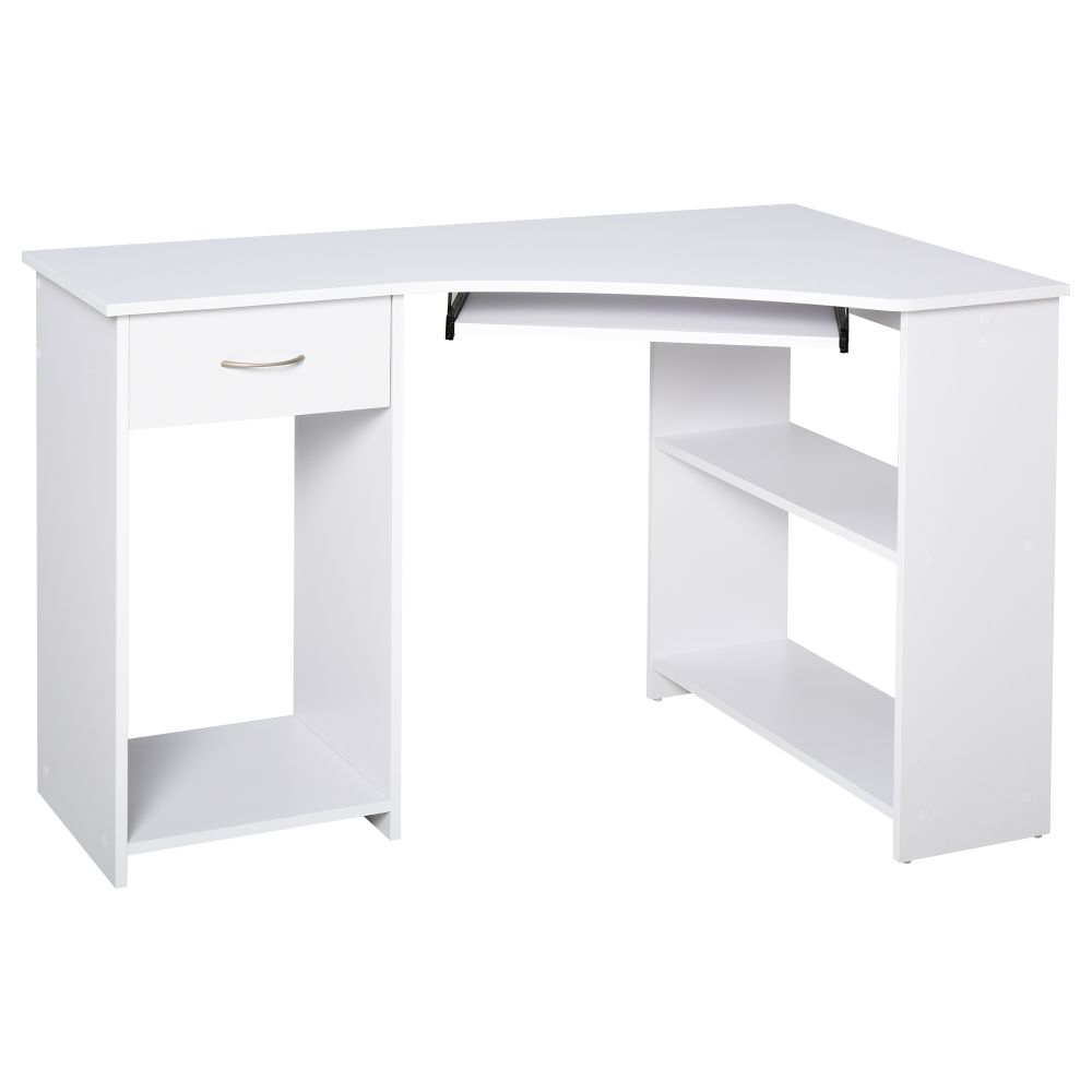 Compact L-Shaped Corner Desk with Shelves & Keyboard Tray - Modern White