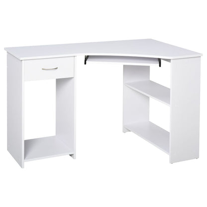 Compact L-Shaped Corner Desk with Shelves & Keyboard Tray - Modern White