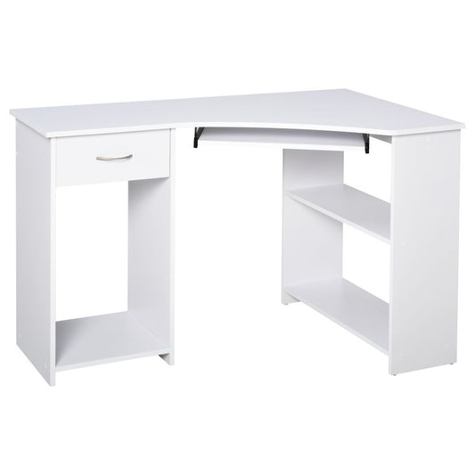 Compact L-Shaped Corner Desk with Shelves & Keyboard Tray - Modern White