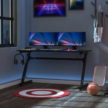 Ultimate Gaming Desk with Steel Frame, Cup Holder & Headphone Hook - Black