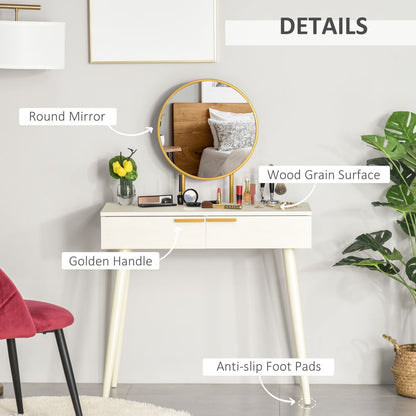 Elegant White HOMCOM Dressing Table with Round Mirror & Gold Accent Drawers