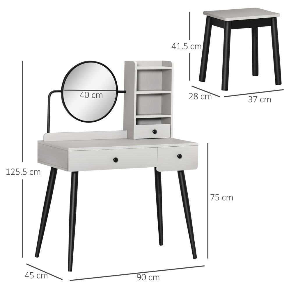 Elegant Grey Dressing Table Set with 3 Drawers & Stool - Multi-Storage Design