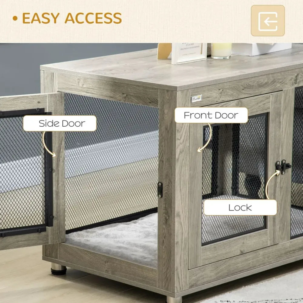 Luxury Dog Kennel End Table: Soft Cushion & Secure Dual Doors for Pets