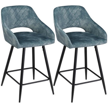 Elegant Velvet Bar Stools Set of 2 - Comfortable Height Chairs in Blue