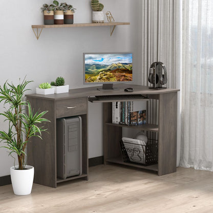 Space-Saving L-Shaped Corner Computer Desk with Dual Shelves - Grey Elegance