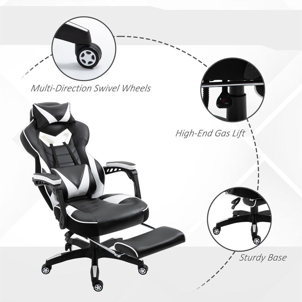 Ergonomic Reclining Gaming Chair with Footrest - Stylish White Office Comfort