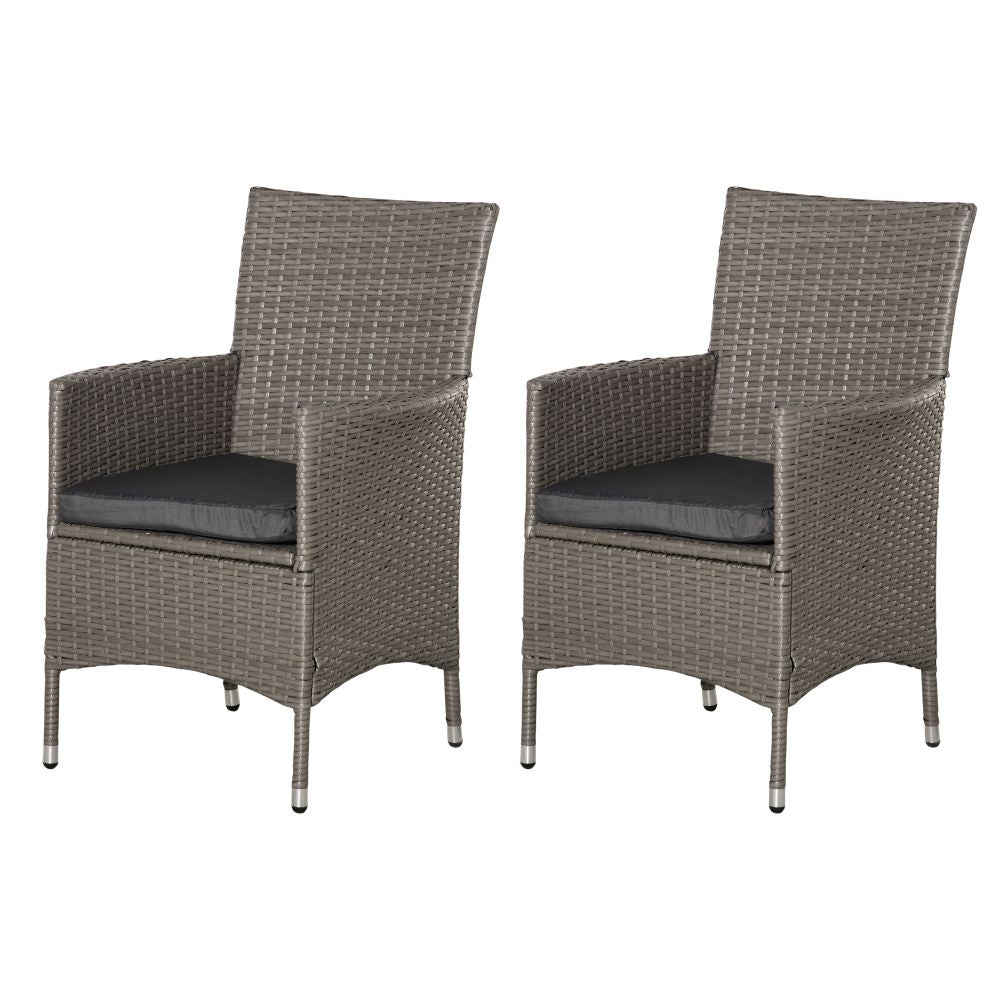 Stylish Grey Rattan 2-Seater Outdoor Dining Chairs with Cushions & Armrests