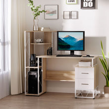 Load image into Gallery viewer, Elegant Oak &amp; White Workstation Desk with Dual Drawers and Multi-Shelves

