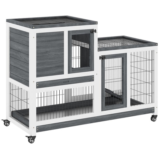 Cozy 2-Level Wooden Rabbit Hutch & Guinea Pig House with Wheels - 110cm