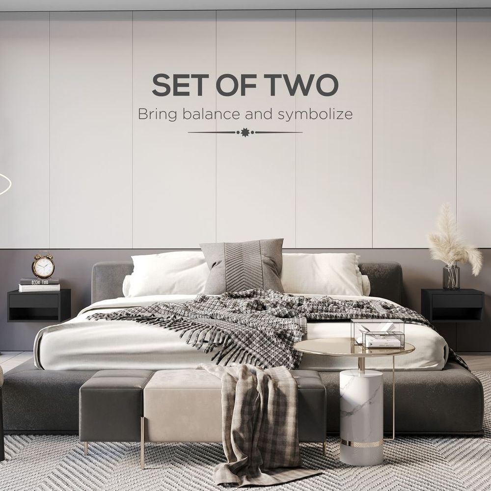 Elegant HOMCOM Wall-Mounted Floating Nightstand Set with Drawer - Black Duo