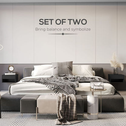 Elegant HOMCOM Wall-Mounted Floating Nightstand Set with Drawer - Black Duo