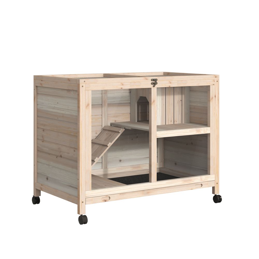 Natural Indoor Rabbit & Guinea Pig Hutch with Openable Roof and Wheels