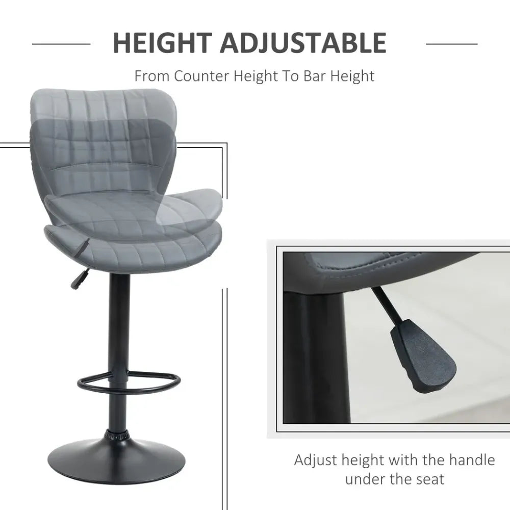 Stylish Grey Adjustable Height Swivel Bar Stools - Set of 2 with Footrest