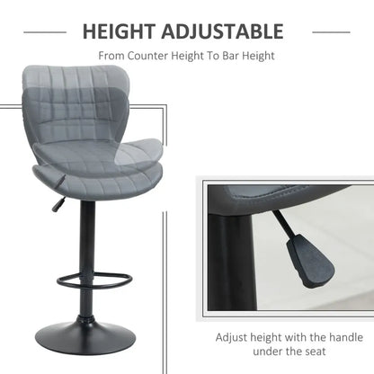 Stylish Grey Adjustable Height Swivel Bar Stools - Set of 2 with Footrest