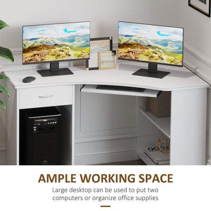 Compact L-Shaped Corner Desk with Shelves & Keyboard Tray - Modern White