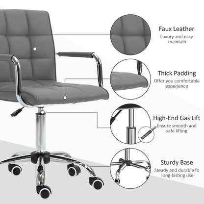 Modern Grey PU Leather Swivel Desk Chair with Armrests - Home Office Comfort
