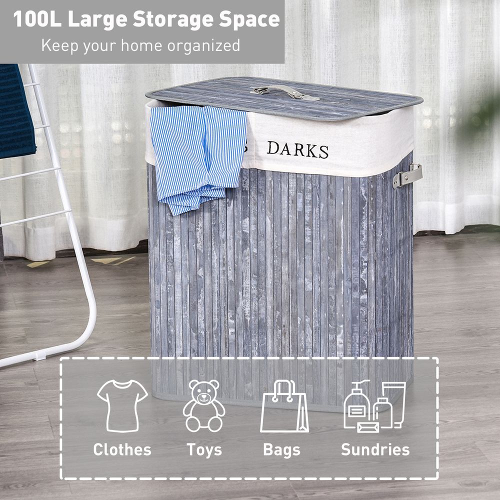 Double Section Bamboo Laundry Hamper with Removable Lining & Easy Handles