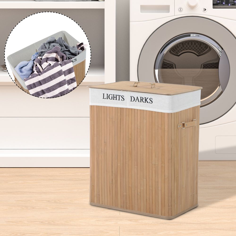 Eco-Friendly Bamboo Laundry Basket with Removable Liner & Dual Compartments