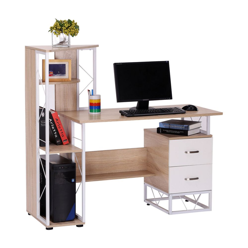Elegant Oak & White Workstation Desk with Dual Drawers and Multi-Shelves