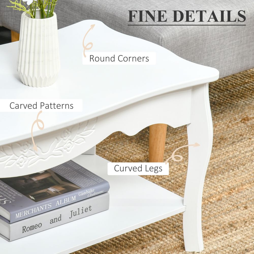 Modern White Coffee Table with Curved Legs & Storage Shelf - 94x44x42 cm