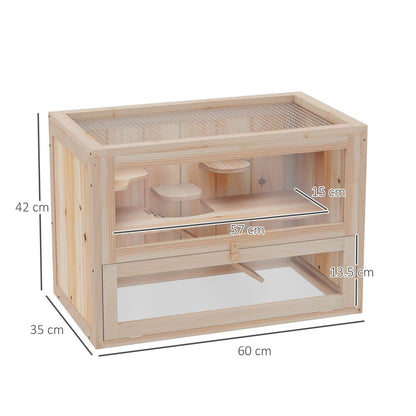 Deluxe 2-Level Wooden Hamster Cage with Ramp & Ventilated Sunroof - 60x35cm