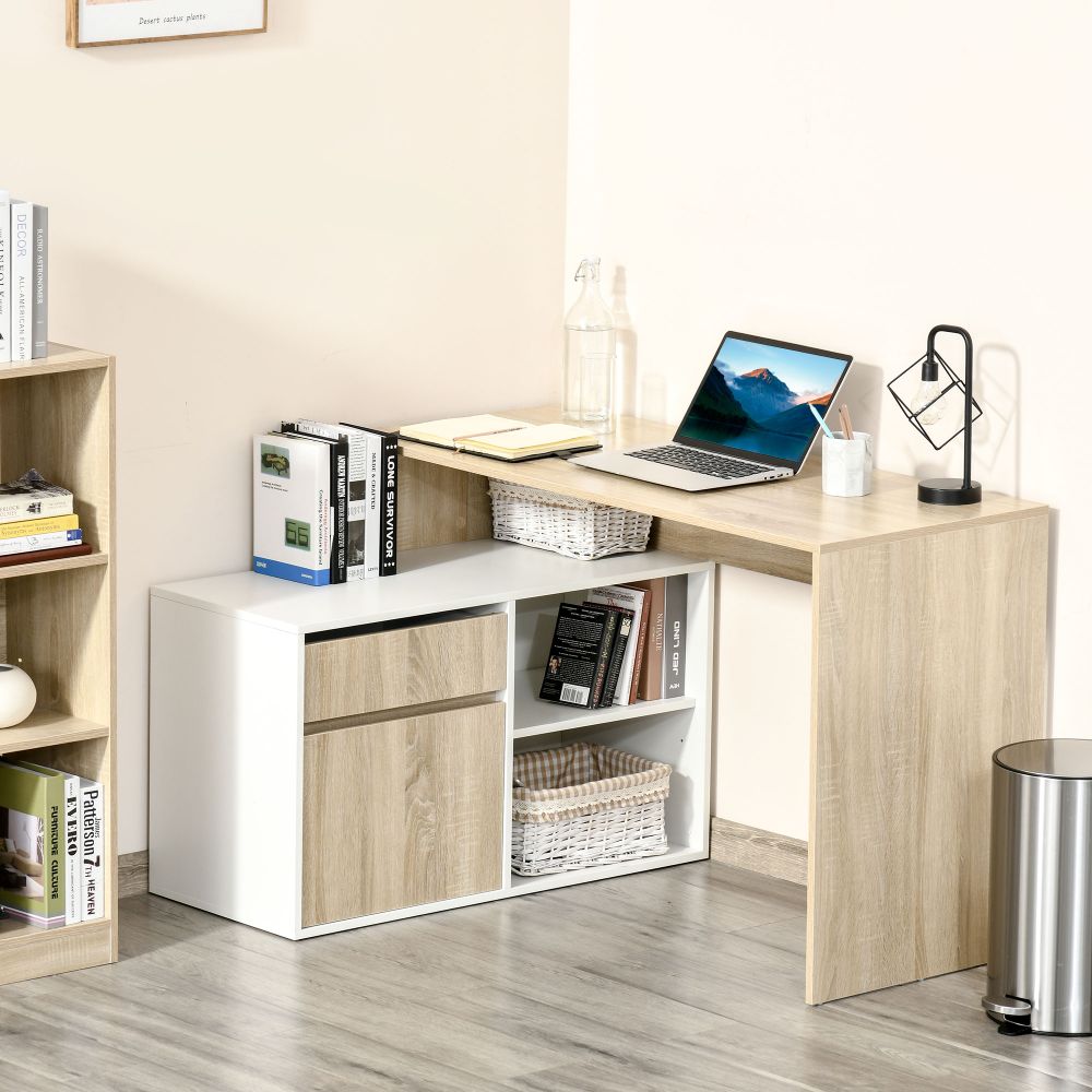 Space-Saving L-Shaped Oak & White Computer Desk with Storage Solutions
