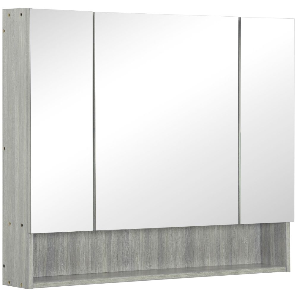 kleankin Grey Wall-Mounted Bathroom Mirror Cabinet with 3 Doors & Storage