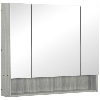 kleankin Grey Wall-Mounted Bathroom Mirror Cabinet with 3 Doors & Storage