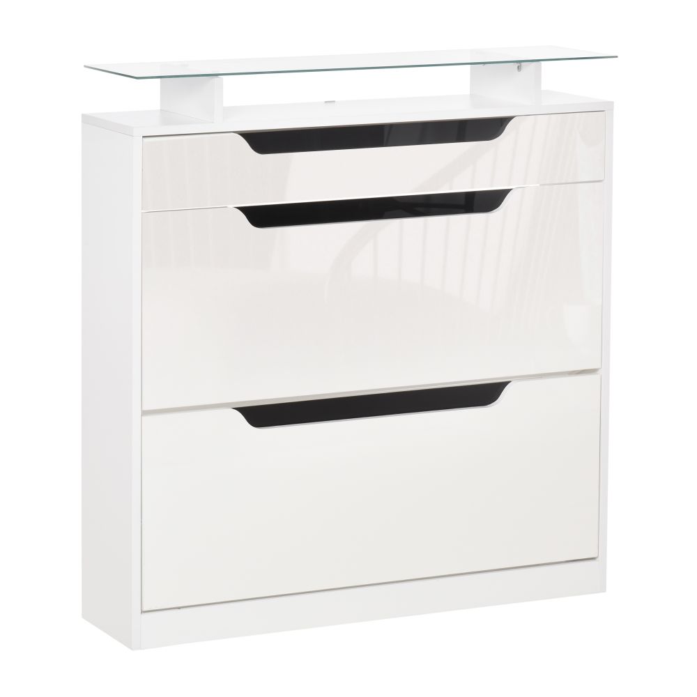 Stylish High Gloss Shoe Cabinet with Glass Top - 16-Pair Storage Solution