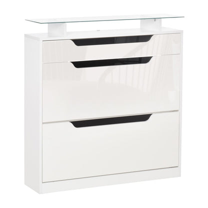 Stylish High Gloss Shoe Cabinet with Glass Top - 16-Pair Storage Solution