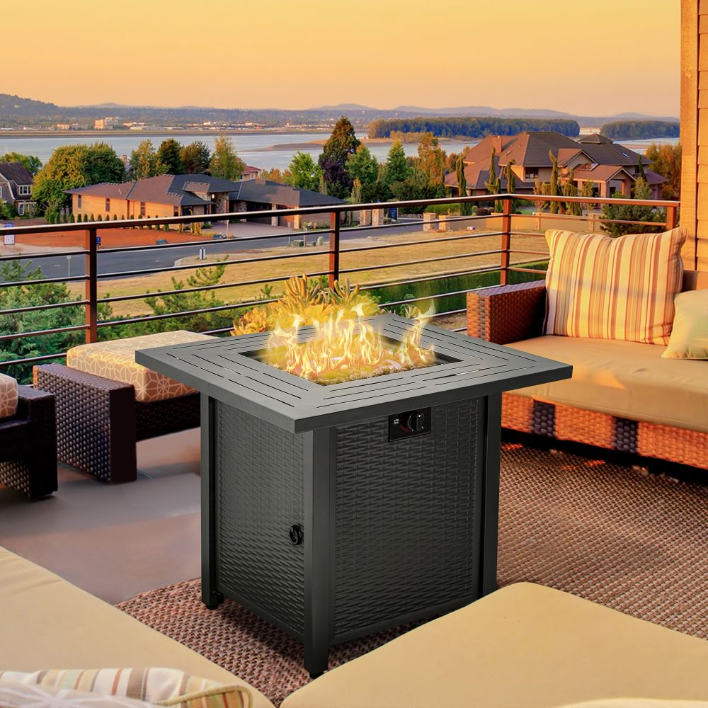 Stylish Square Propane Fire Pit Table with Rattan Design & Smokeless Flame