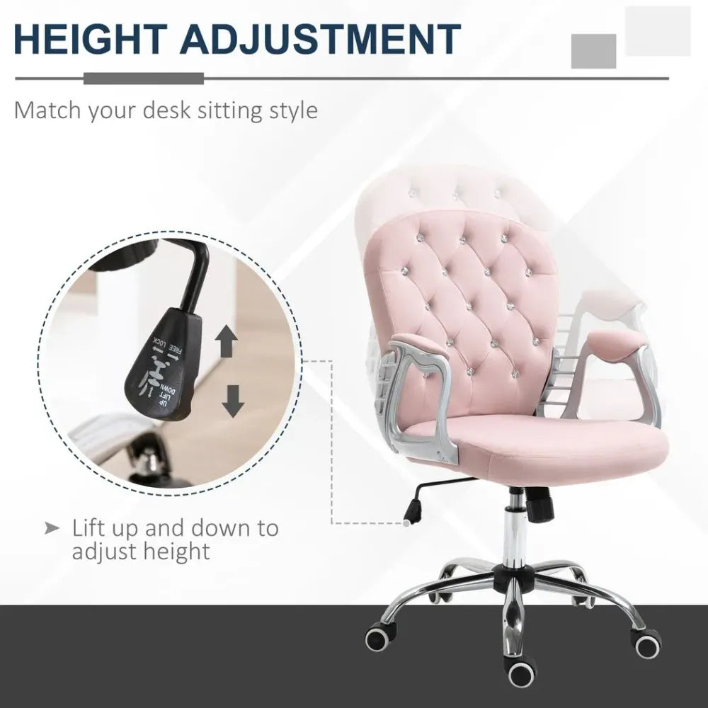 Sparkling Velvet Ergonomic Office Chair - 360° Swivel, Pink Diamond Tufted