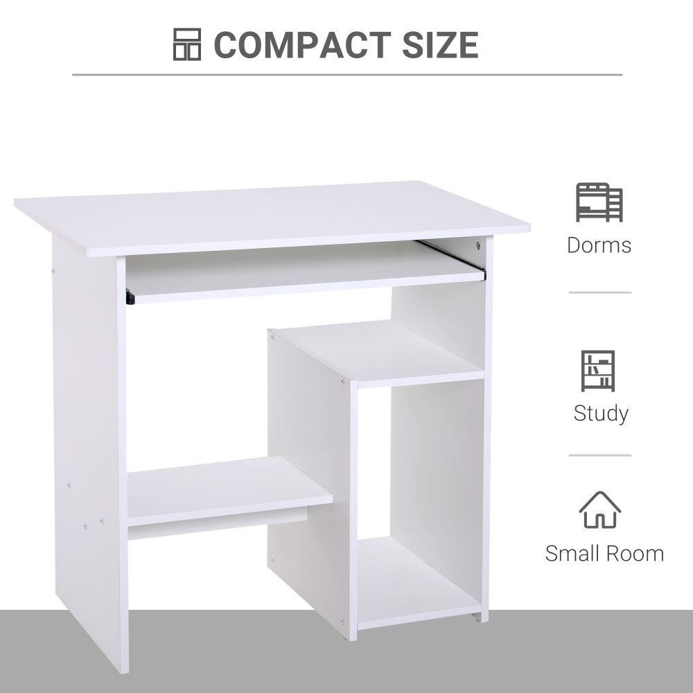 Modern Compact Computer Desk with Slide-Out Keyboard Tray – White Finish