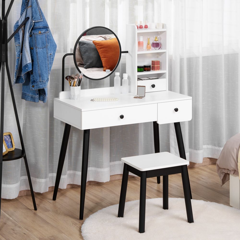 Elegant White Dressing Table Set with Storage Drawers & Matching Stool