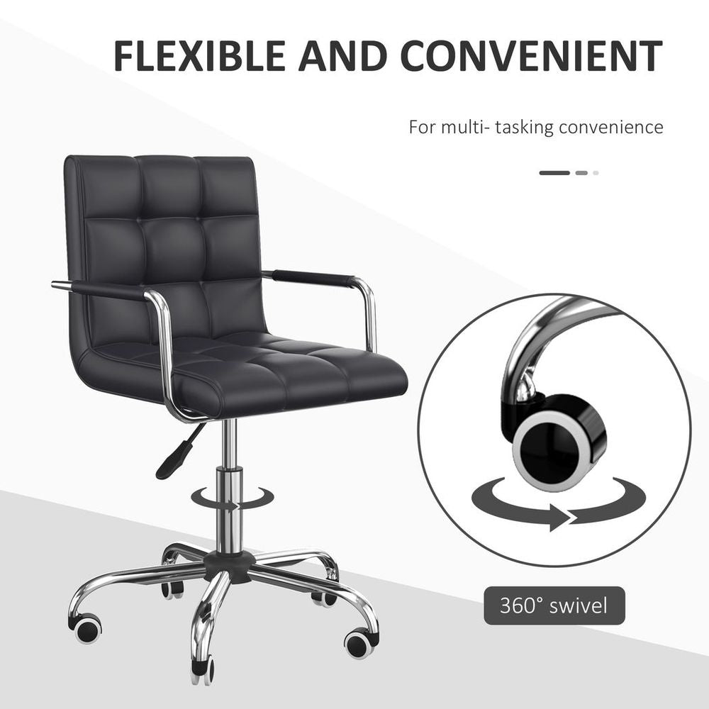 Stylish Mid-Back PU Leather Swivel Desk Chair with Armrests - Black