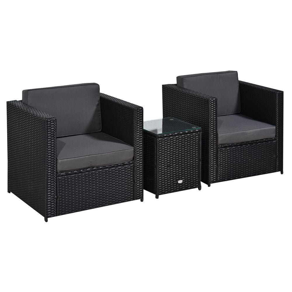 Outsunny Black Rattan 2-Seater Sofa Set with Cushions & Glass Table