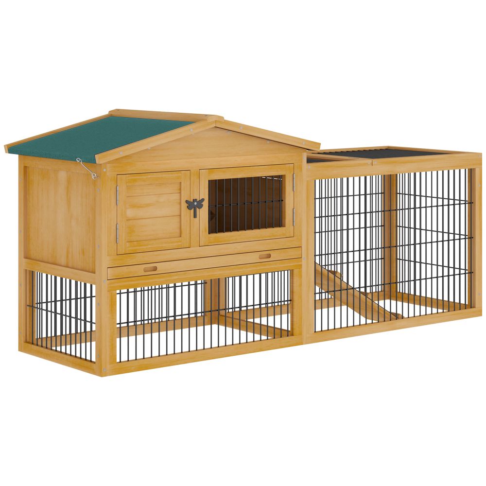 Deluxe 2-Level Wooden Rabbit Hutch with Water-Resistant Roof & Easy-Clean Tray